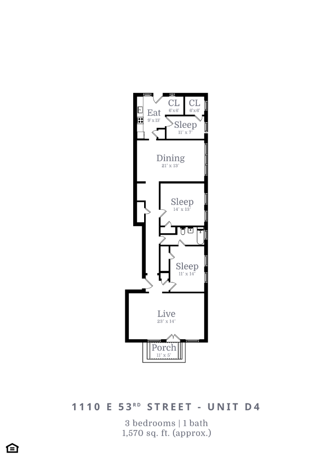 Floor plan for 3 beds, 1 bath, 1570 sqft